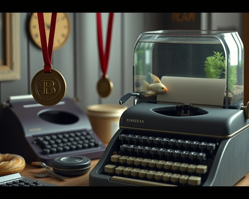 medal, donut, gingerbread, fish tank, typewriter